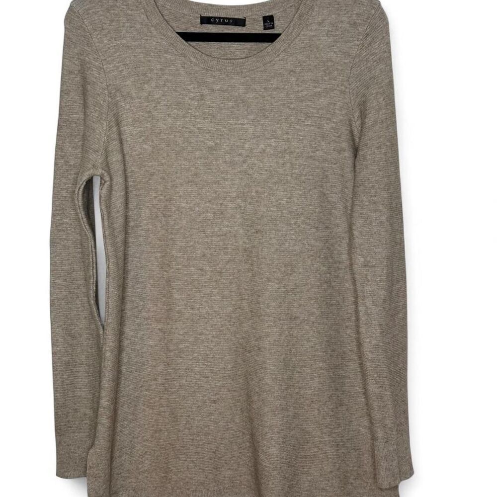 Cyrus Taupe long-sleeve round-neck ribbed knit tunic sweater Size L